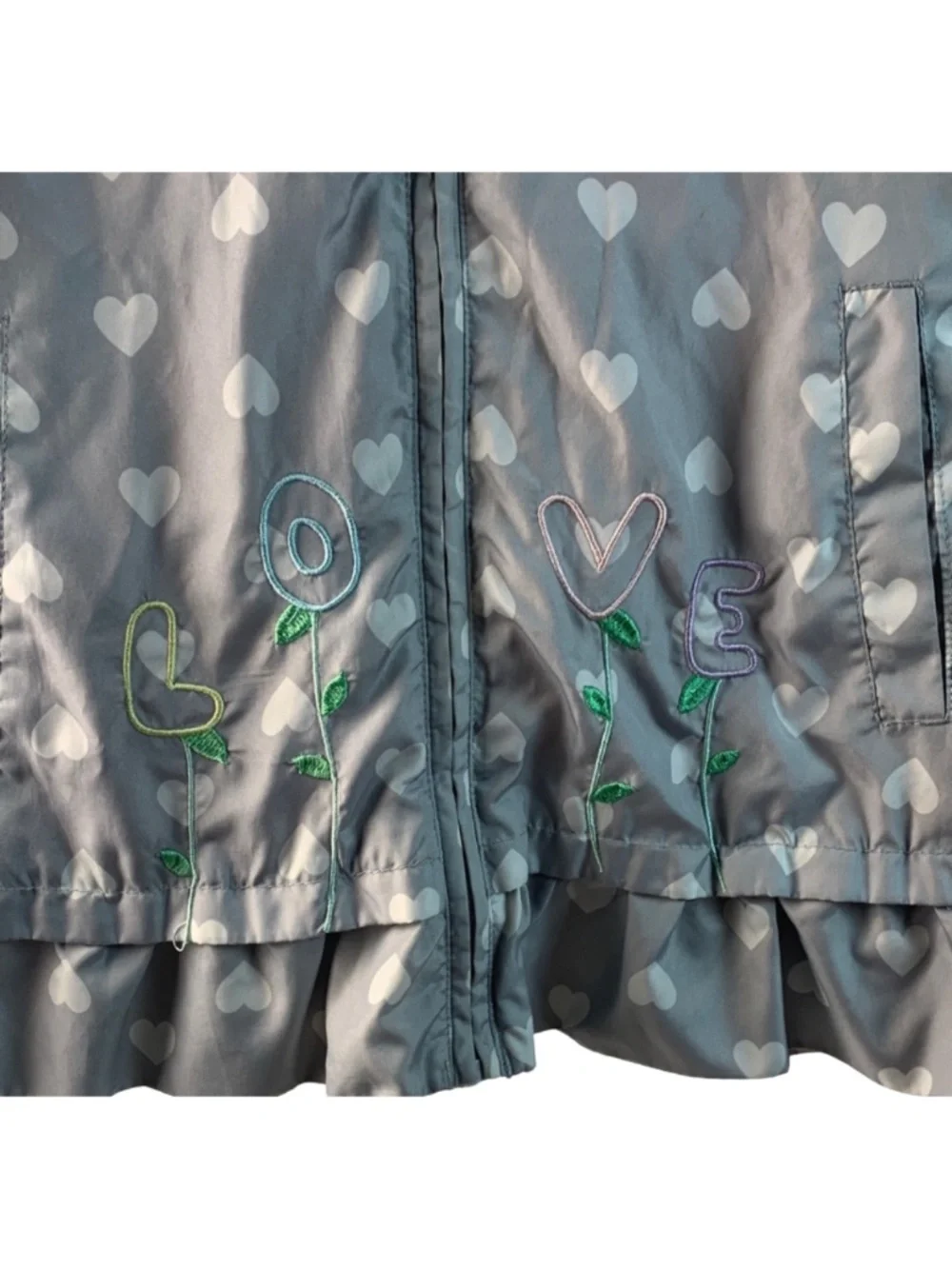London Fog Gray Heart Pattern LOVE Embroidered Girls Raincoat 5-6 M Fall Travel